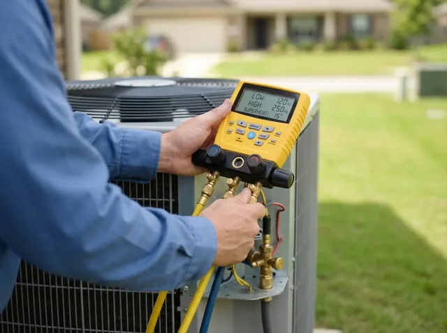 HVAC diagnostic gauge beside an outdoor air conditioner