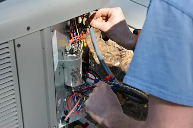 Technician working inside an outdoor air-conditioning unit