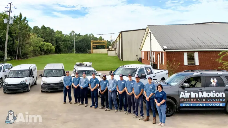 AIM’s existing team photograph with blue shirts and branded service vehicles
