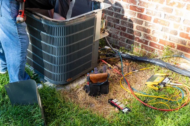Outdoor air-conditioning equipment opened for service